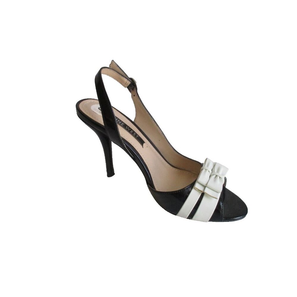*Nine West Black White RETRO Slingbacks Bow Vamp Open Toe